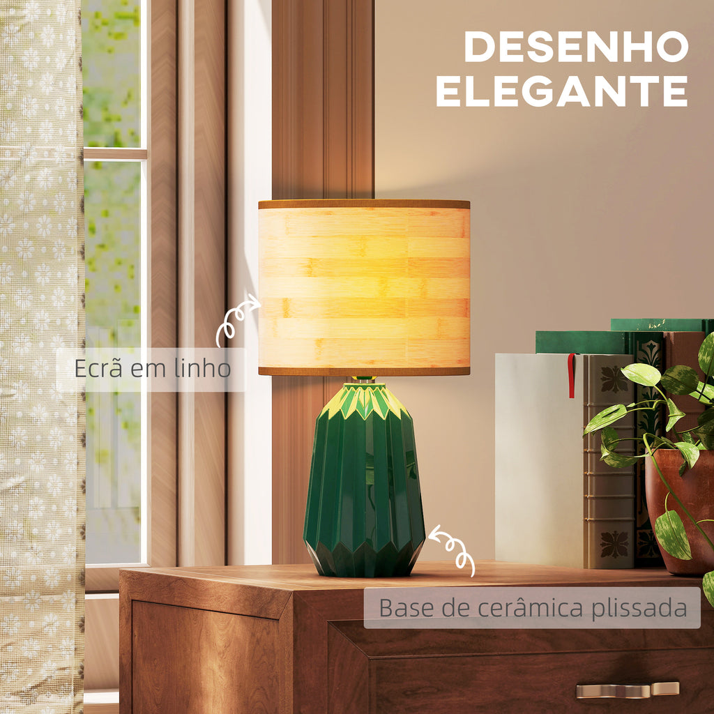 HOMCOM Candeeiro de Mesa Retro com Base Cerâmica e Ecrã Linho Verde