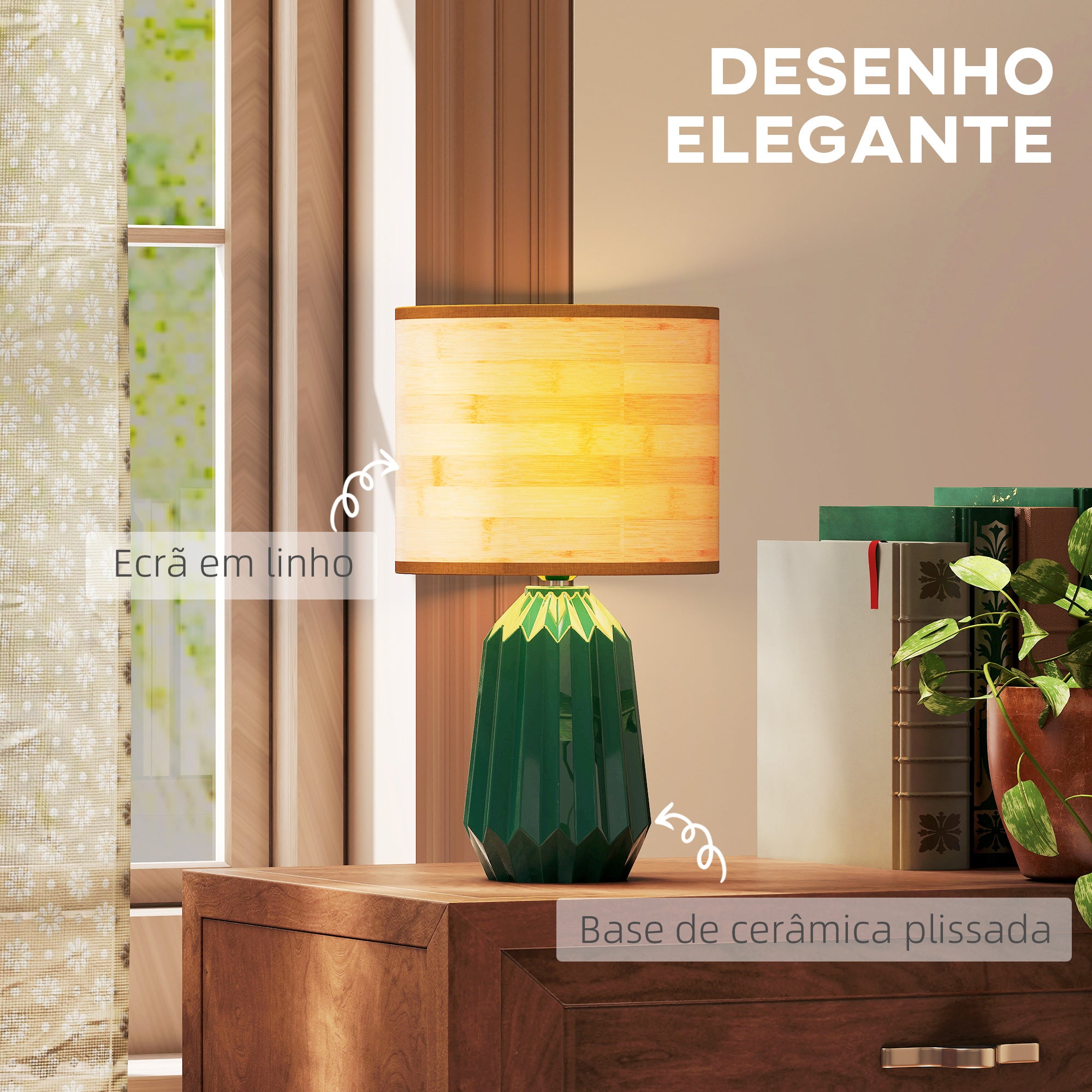 HOMCOM Candeeiro de Mesa Retro com Base Cerâmica e Ecrã Linho Verde
