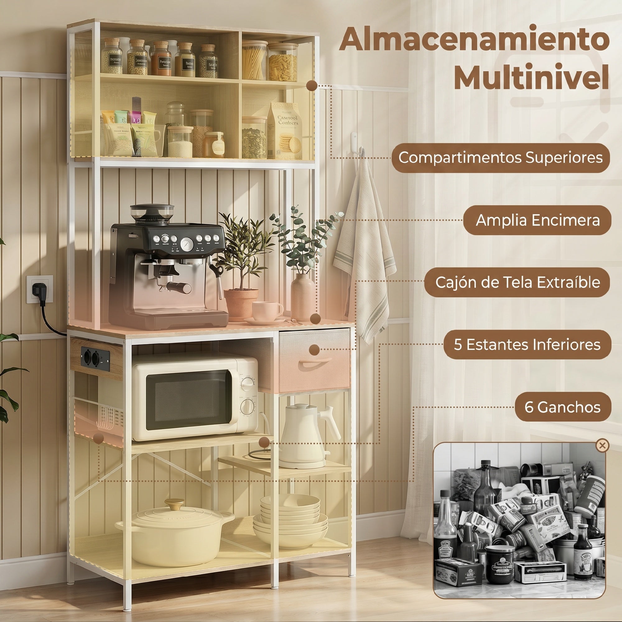 HOMCOM Estante de Cozinha com Suporte para Micro-ondas, 80x40x181 cm, Carvalho