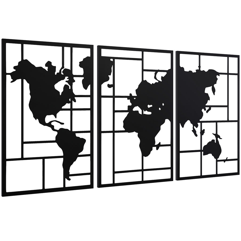 HOMCOM Mapa Múndi Metal Decoração de Parede 3 Peças Preto