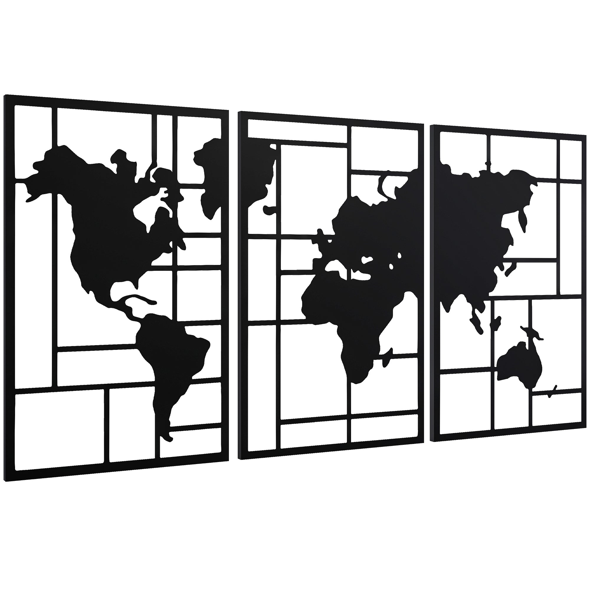 HOMCOM Mapa Múndi Metal Decoração de Parede 3 Peças Preto