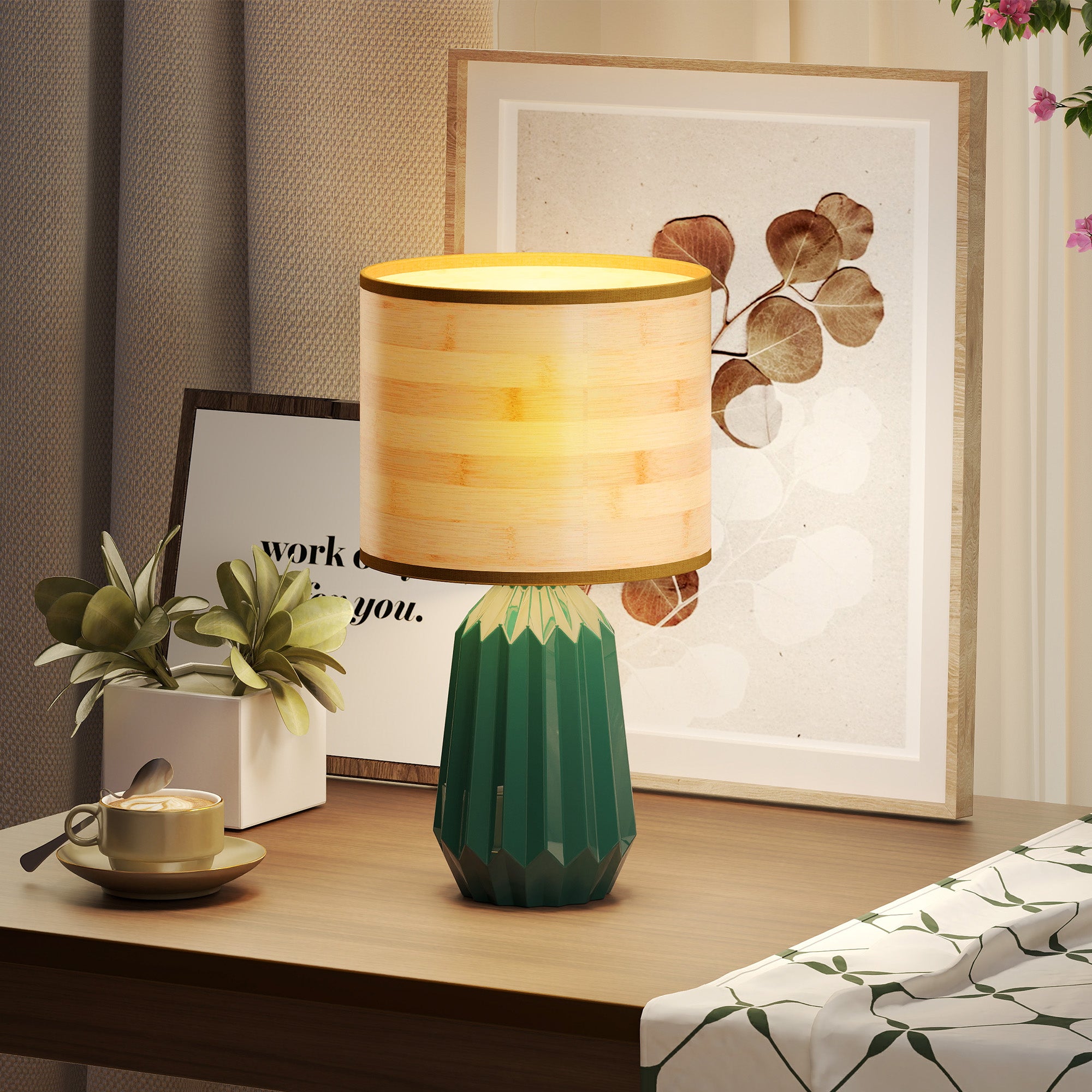 HOMCOM Candeeiro de Mesa Retro com Base Cerâmica e Ecrã Linho Verde