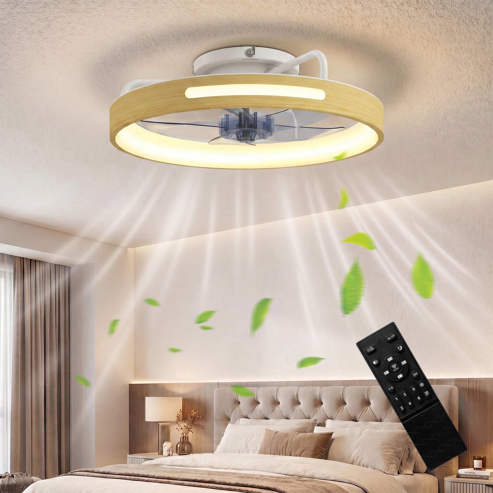 HOMCOM Ventilador de Teto LED 40W Motor DC 6 Velocidades Madeira Natural