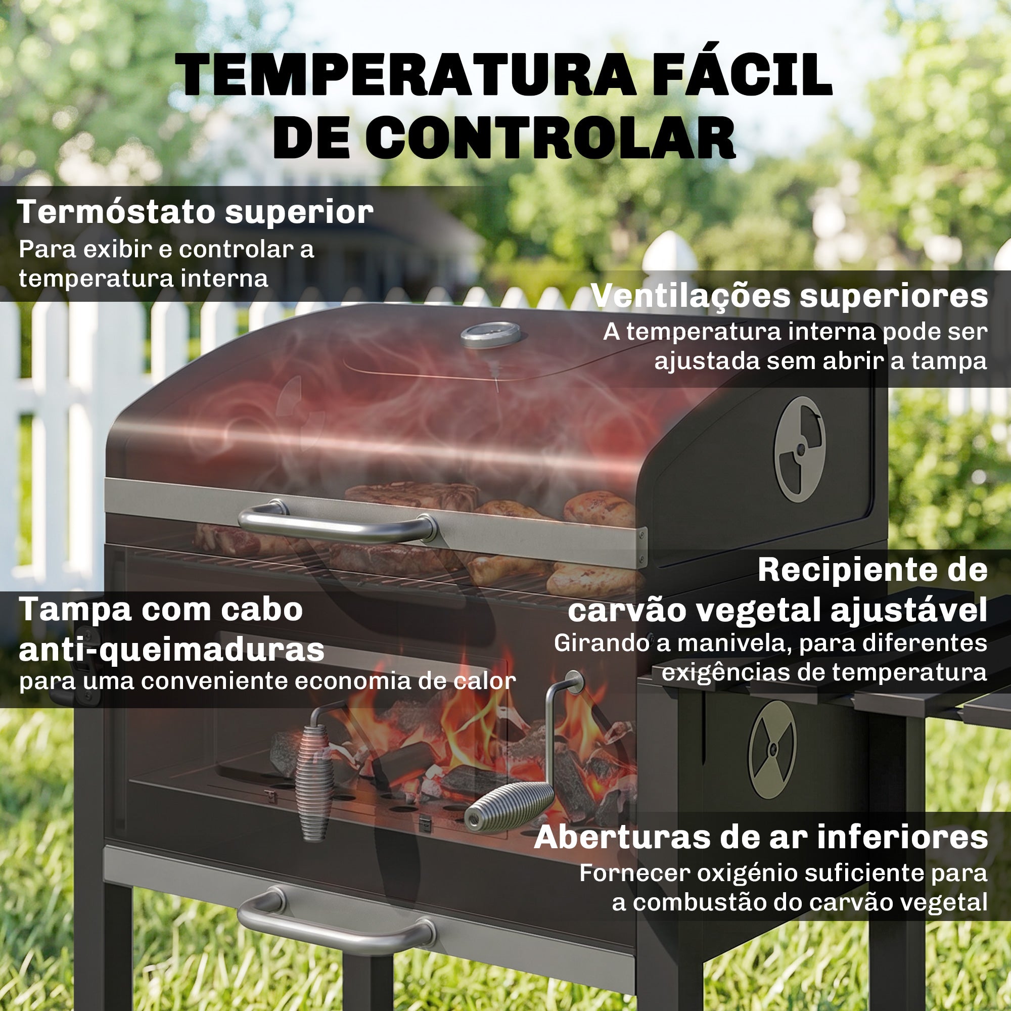 Outsunny Churrasqueira a Carvão com Rodas e Termômetro, 113x65x108 cm