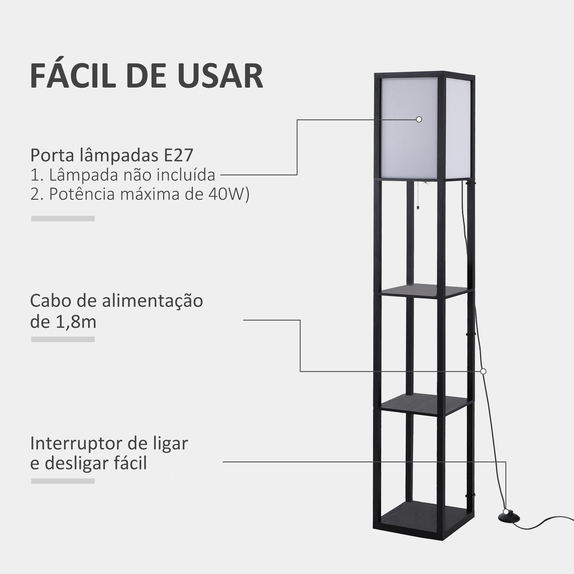 Candeeiro de Pé HOMCOM com 3 Prateleiras de Armazenamento, Preto
