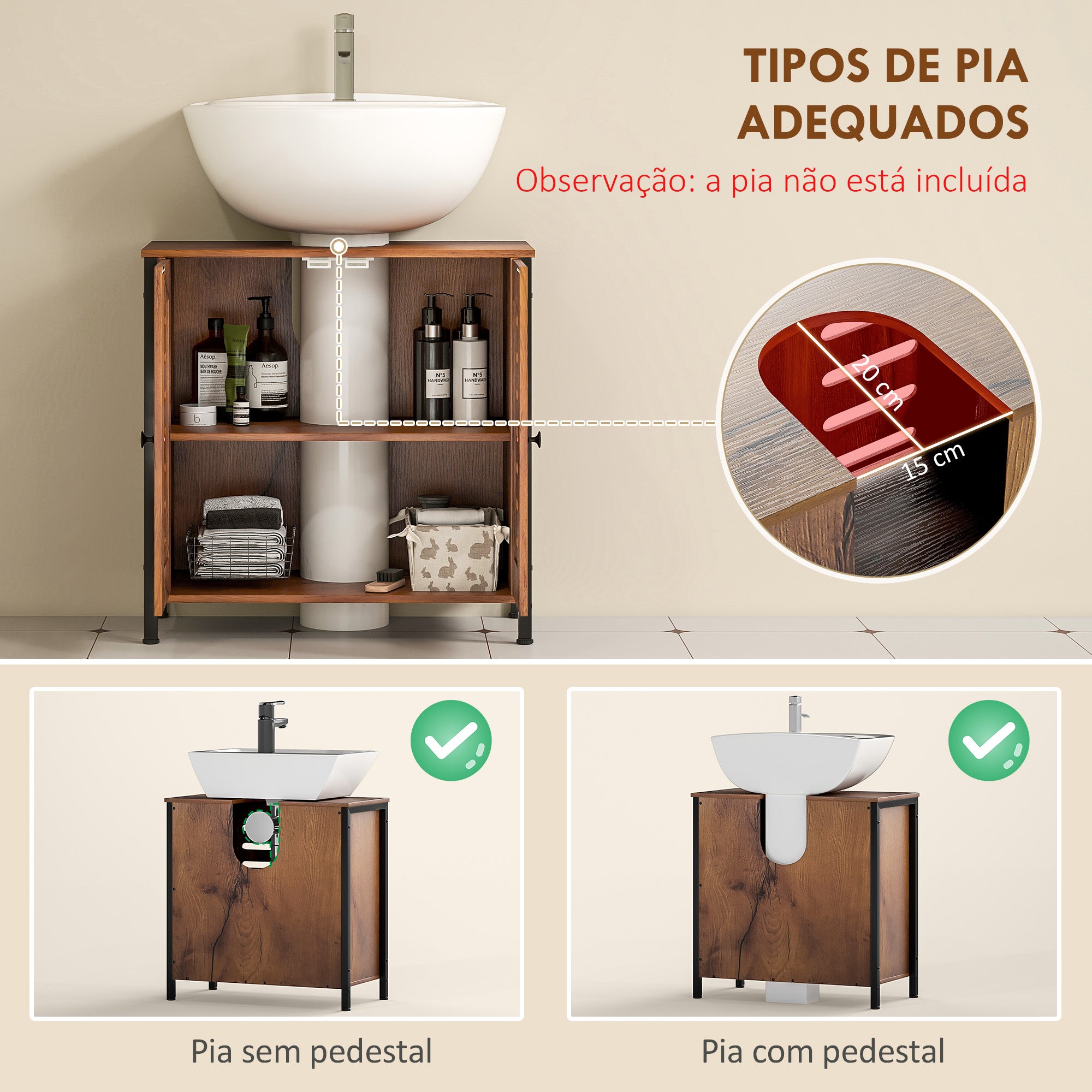 Móvel para Lavatório HOMCOM, 2 Portas Ripadas, 60x30x60 cm, Castanho Rústico
