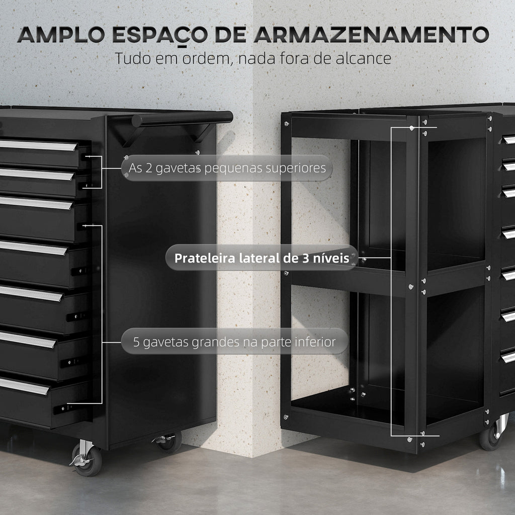 HOMCOM Carrinho de Ferramentas, 7 Gavetas, 3 Níveis, Preto