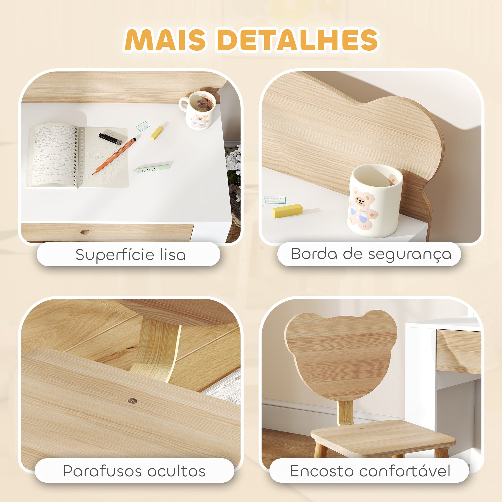 AIYAPLAY Secretária para Crianças com Cadeira em Forma de Ursinho, Branco e Madeira