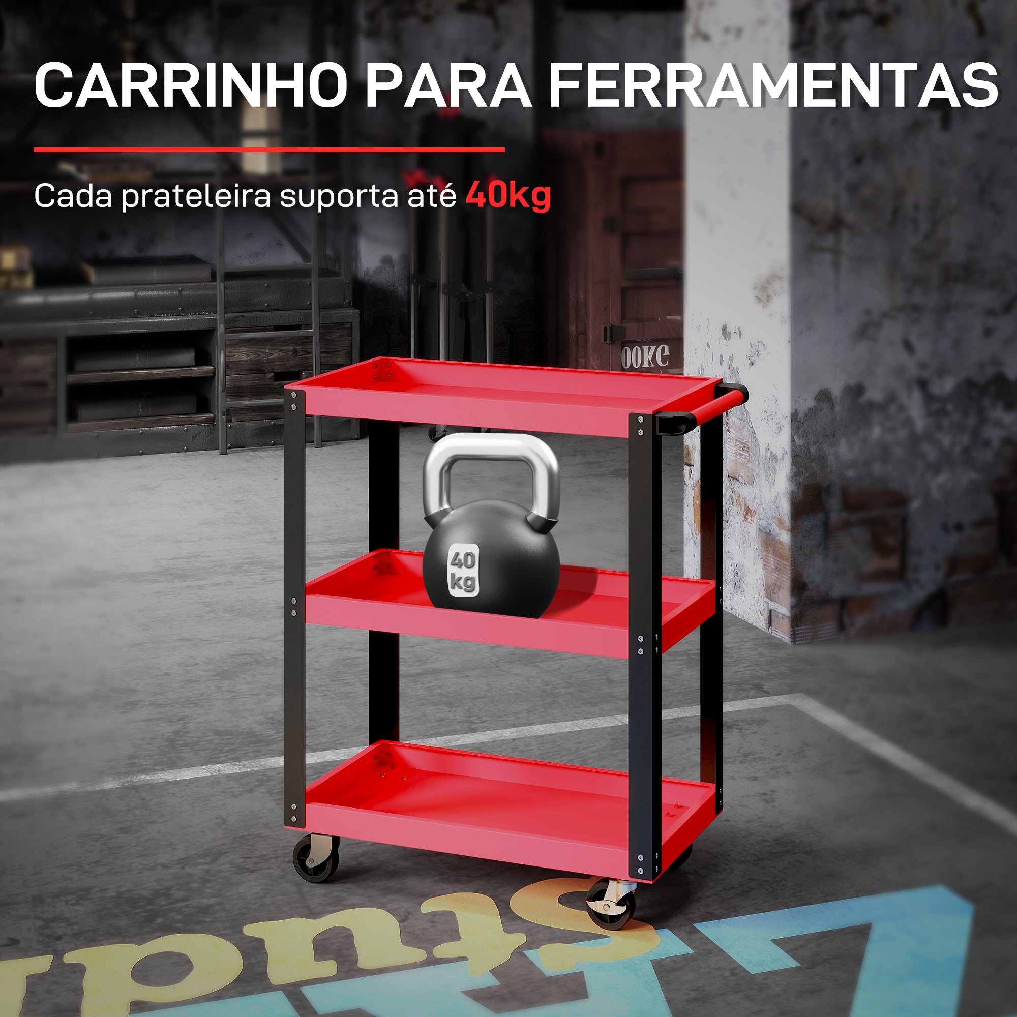 HOMCOM Carrinho de Ferramentas com 3 Prateleiras para Garagem
