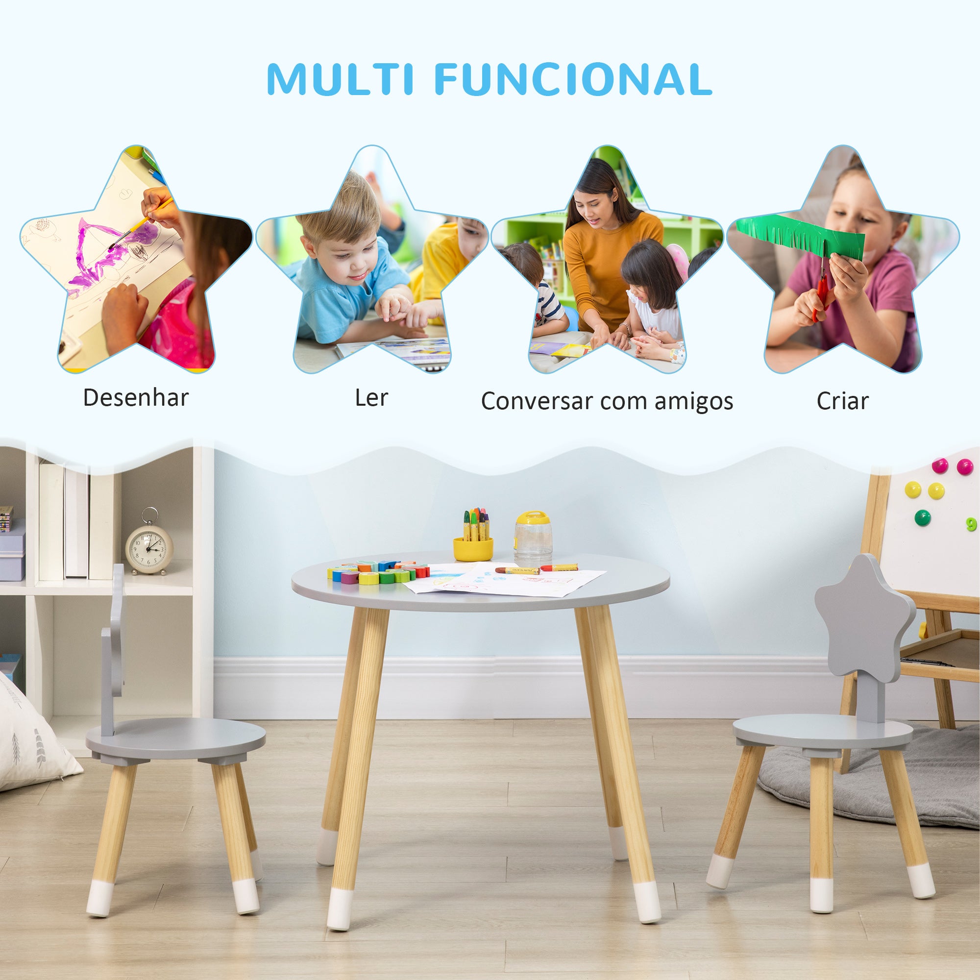 Conjunto de Mesa e 2 Cadeiras Infantis de Madeira Cinza