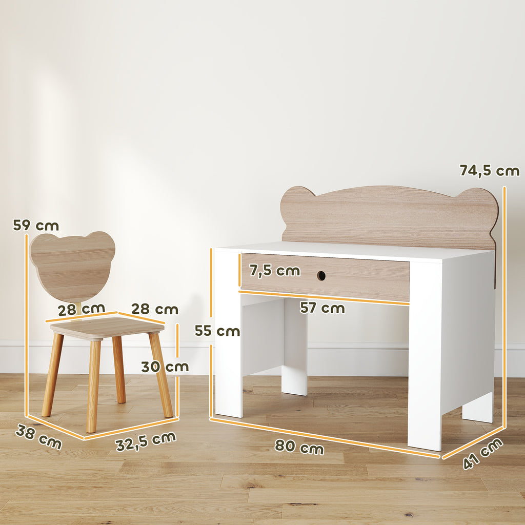 AIYAPLAY Secretária para Crianças com Cadeira em Forma de Ursinho, Branco e Madeira