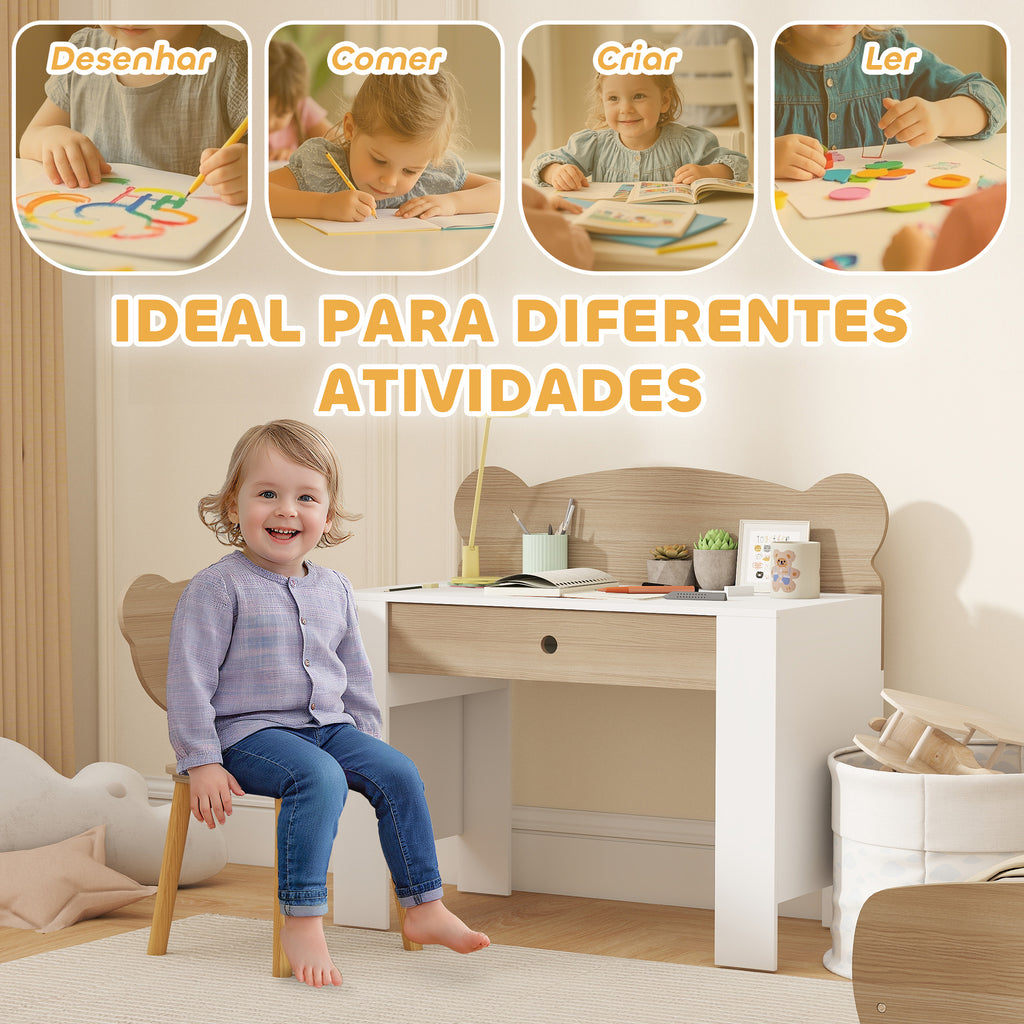 AIYAPLAY Secretária para Crianças com Cadeira em Forma de Ursinho, Branco e Madeira