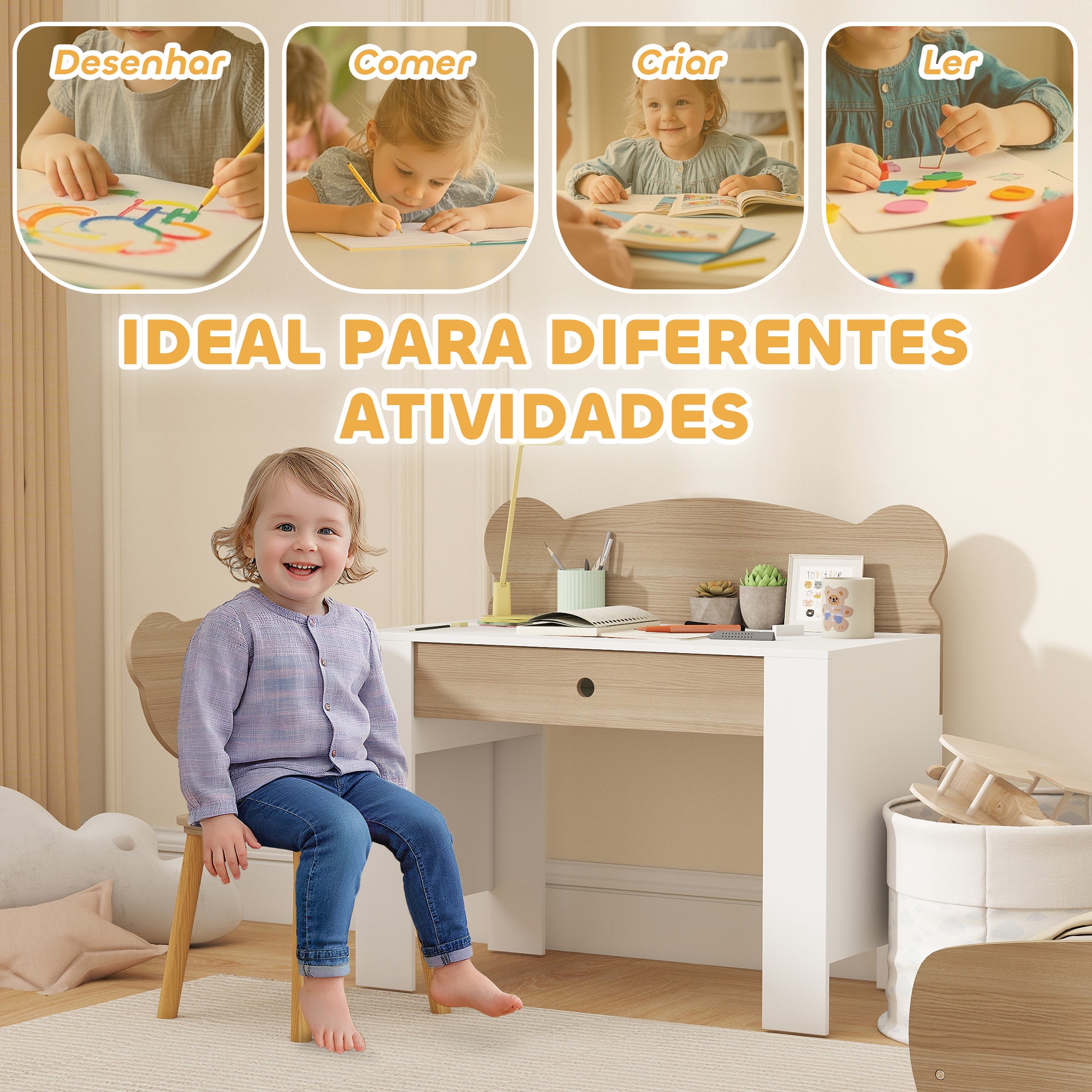 AIYAPLAY Secretária para Crianças com Cadeira em Forma de Ursinho, Branco e Madeira