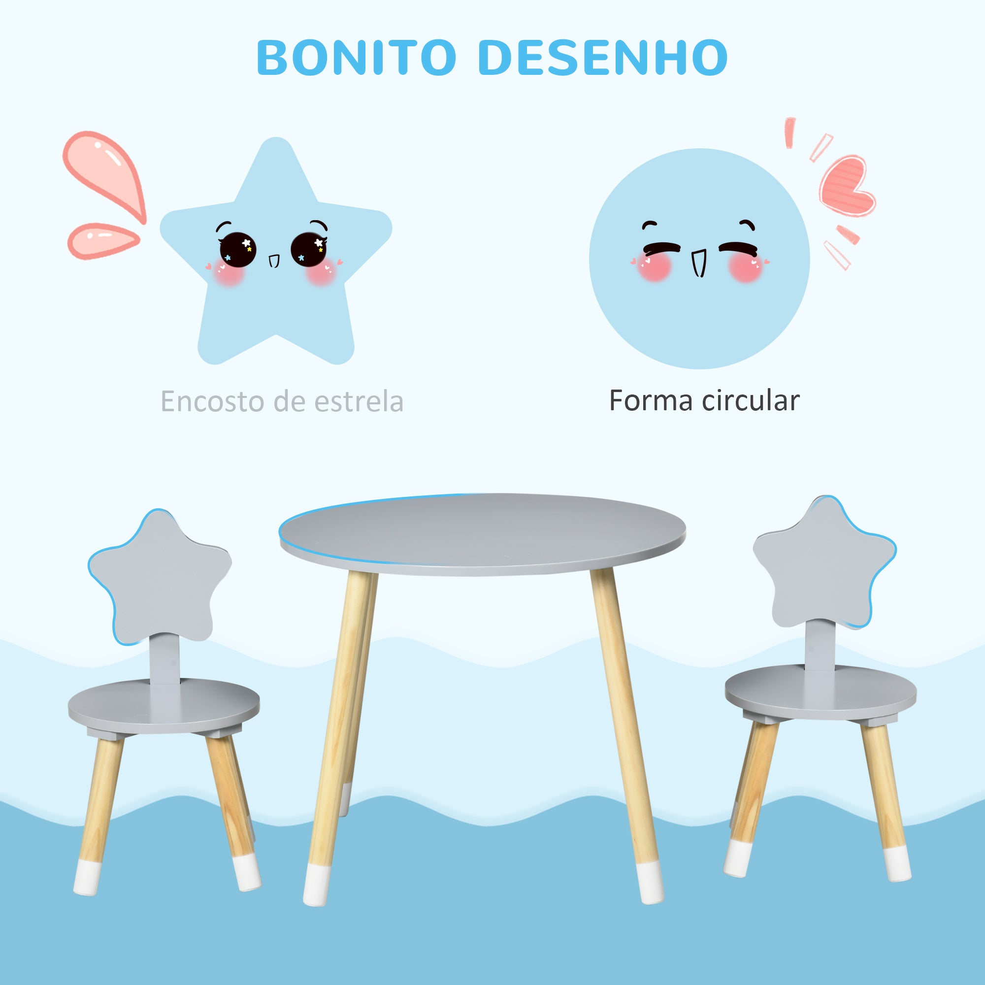 Conjunto de Mesa e 2 Cadeiras Infantis de Madeira Cinza