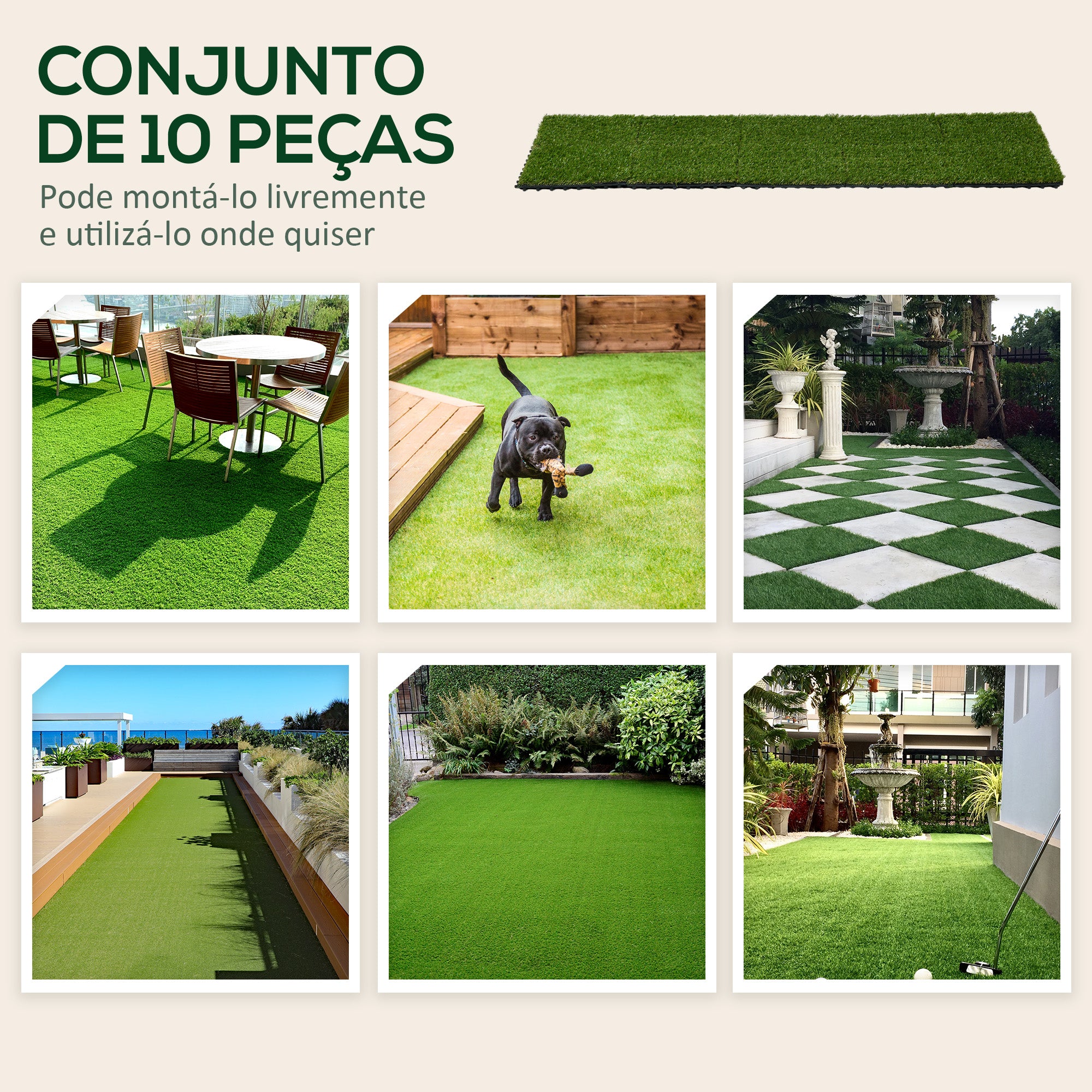 Outsunny Relva Artificial 10 Peças 30x30cm Verde Escuro