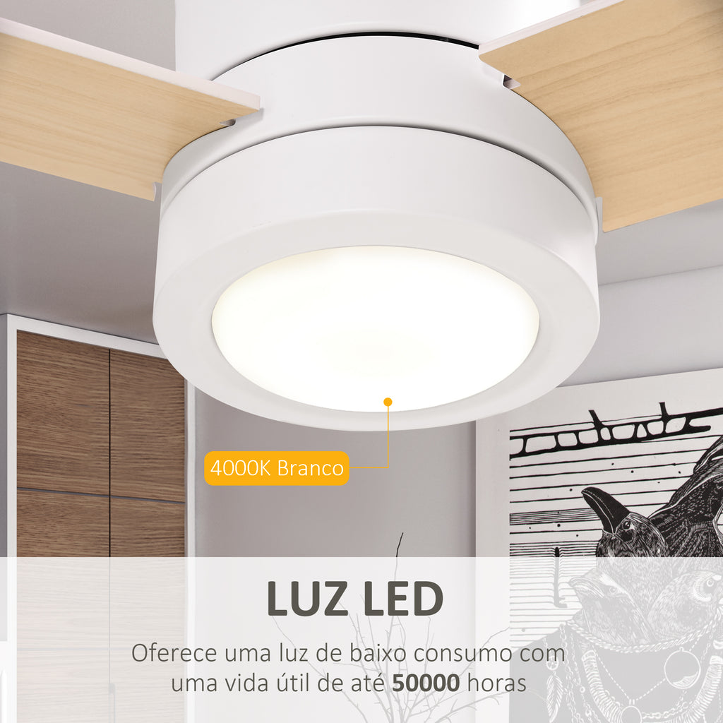 HOMCOM Ventoinha de Teto com Luz LED, 3 Velocidades, Ø112cm Branco