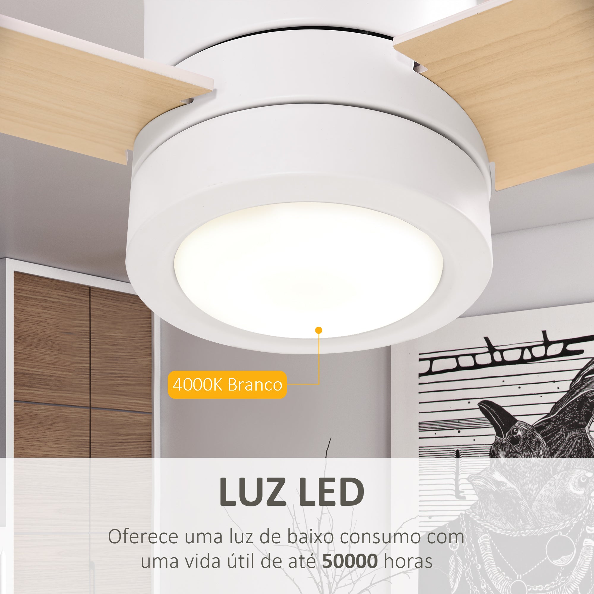 HOMCOM Ventoinha de Teto com Luz LED, 3 Velocidades, Ø112cm Branco