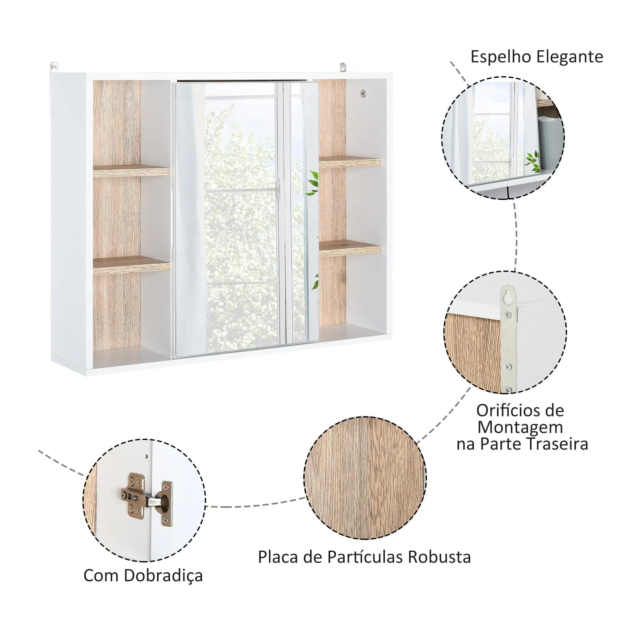HOMCOM Armário de Espelho com Prateleiras, 60x15x49 cm, Branco e Carvalho
