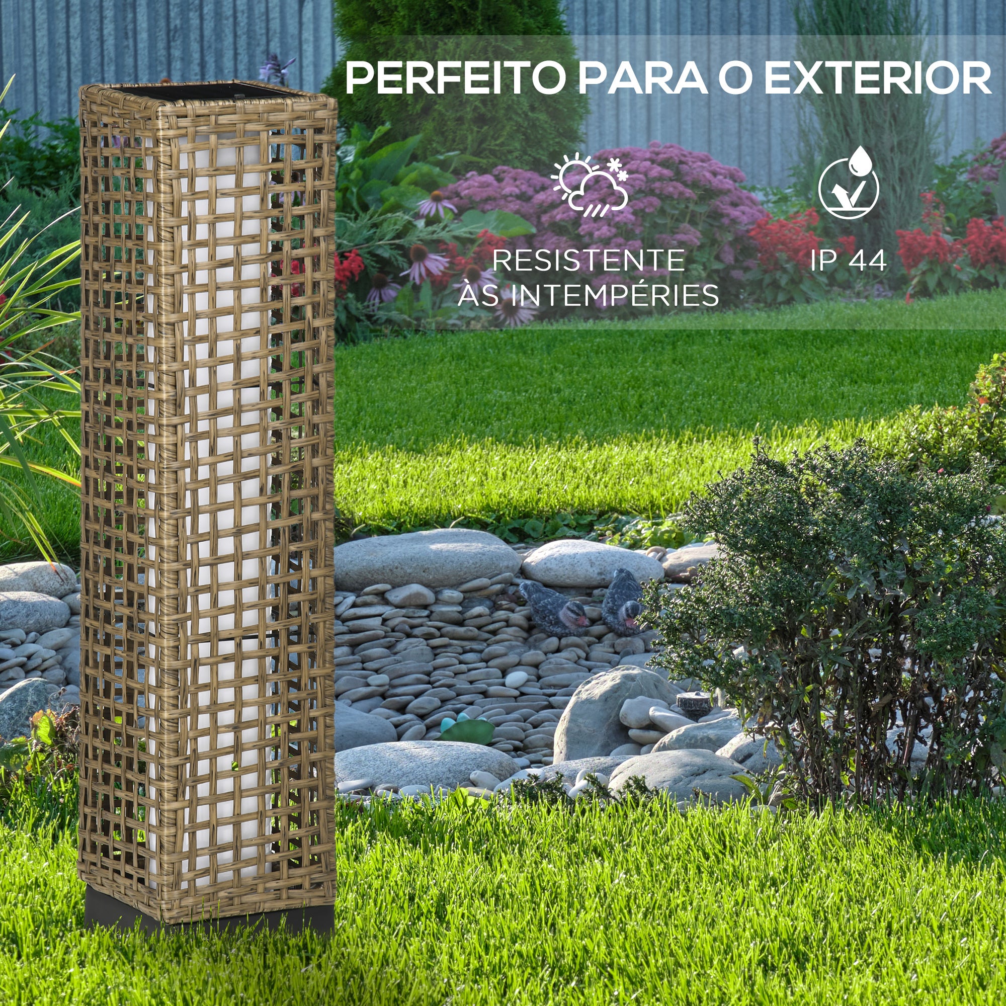 Outsunny Candeeiro Solar de Vime LED, 15,5x15,5x69cm, Marrom Areia