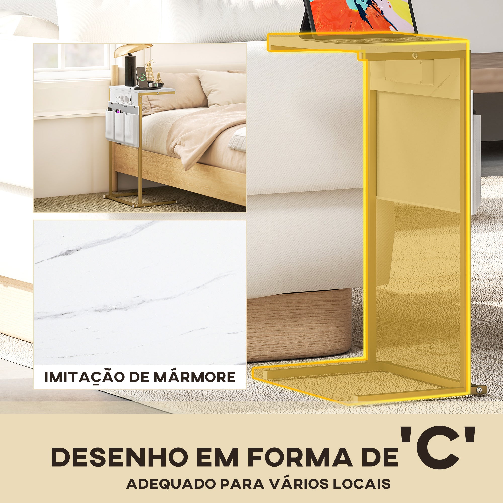 HOMCOM Mesa Auxiliar em C com Estação de Carga