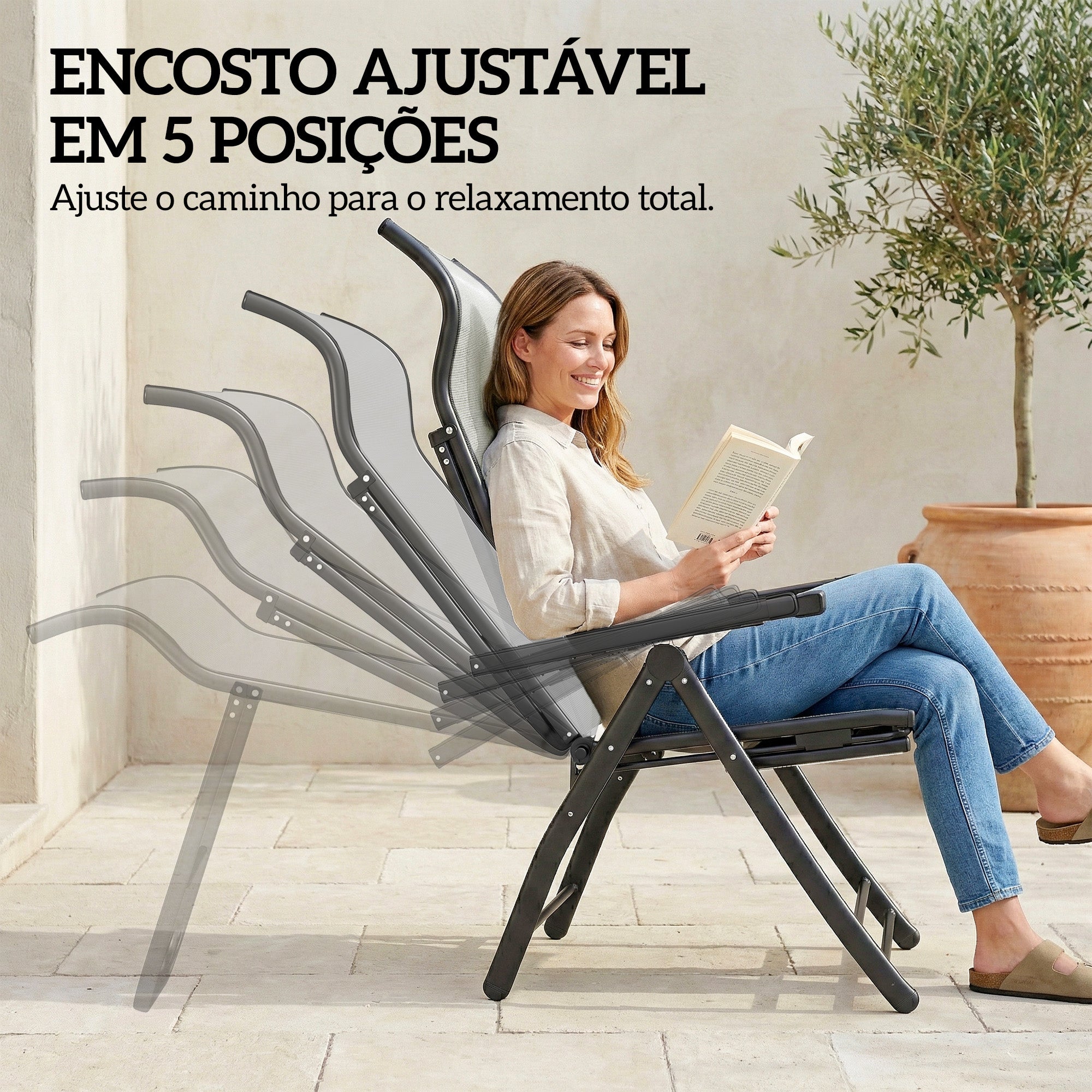 Outsunny Conjunto de 2 Cadeiras Reclináveis Dobráveis de Jardim, Cinza Claro