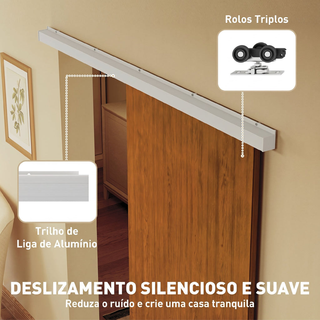 Porta de Correr HOMCOM 90x210 cm com Trilho e Ferragens, Castanho