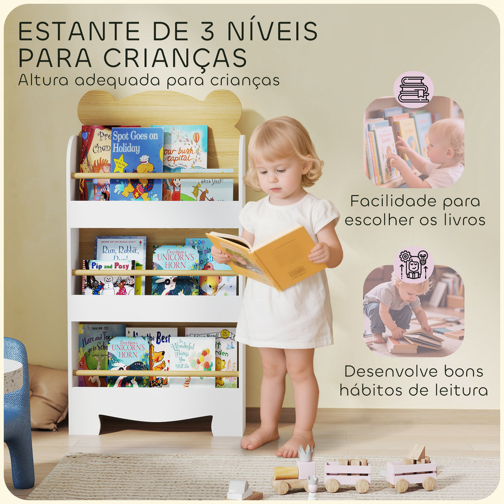 Aiyaplay Estante Infantil para Livros Desenho de Ursinho 3 Níveis