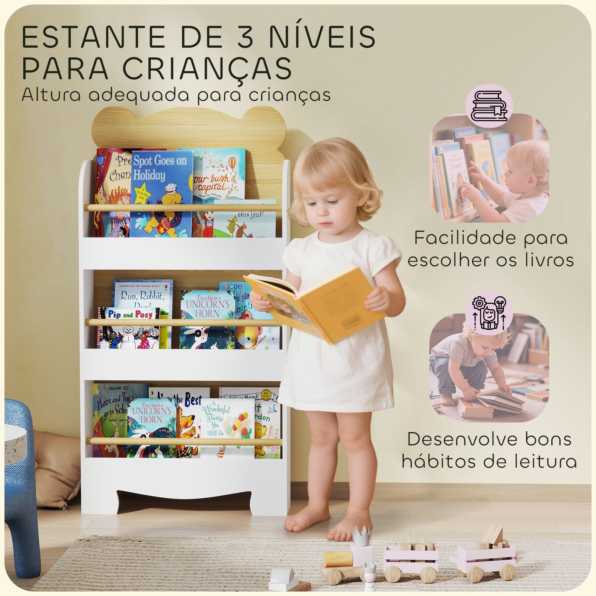 Aiyaplay Estante Infantil para Livros Desenho de Ursinho 3 Níveis
