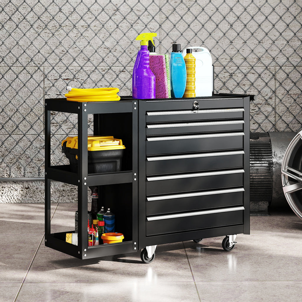 HOMCOM Carrinho de Ferramentas, 7 Gavetas, 3 Níveis, Preto