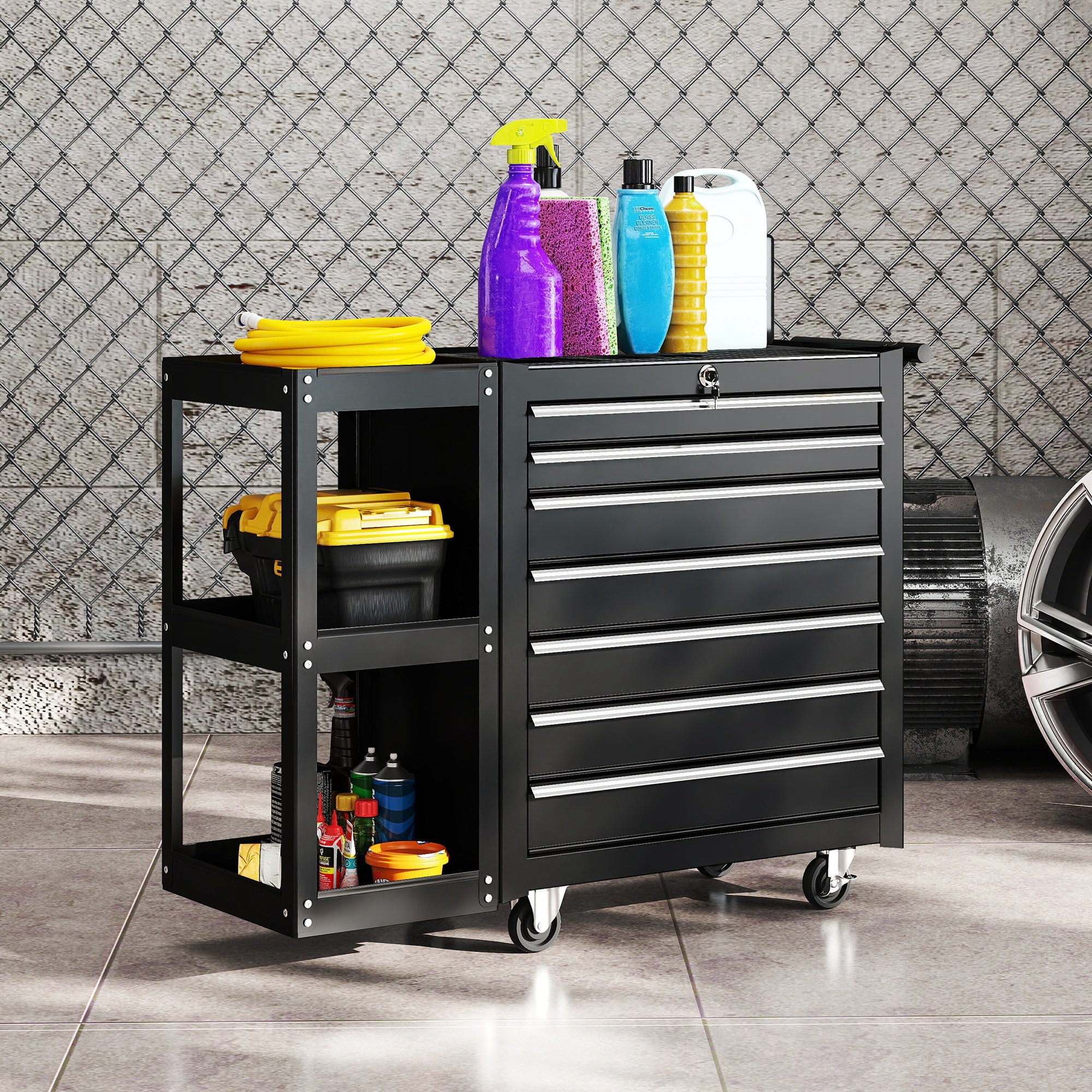 HOMCOM Carrinho de Ferramentas, 7 Gavetas, 3 Níveis, Preto