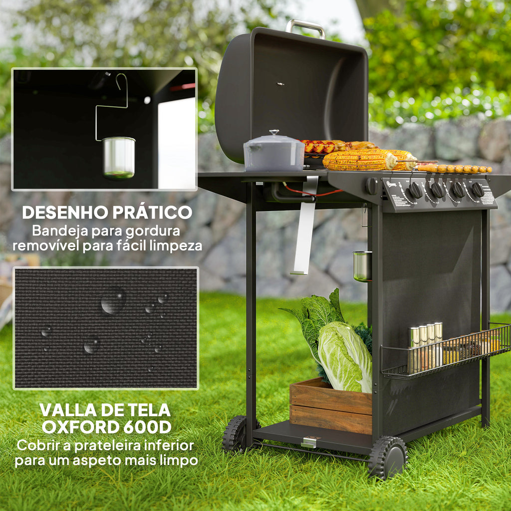 Outsunny Barbecue a Gás 4+1 Queimadores 12 kW Preto