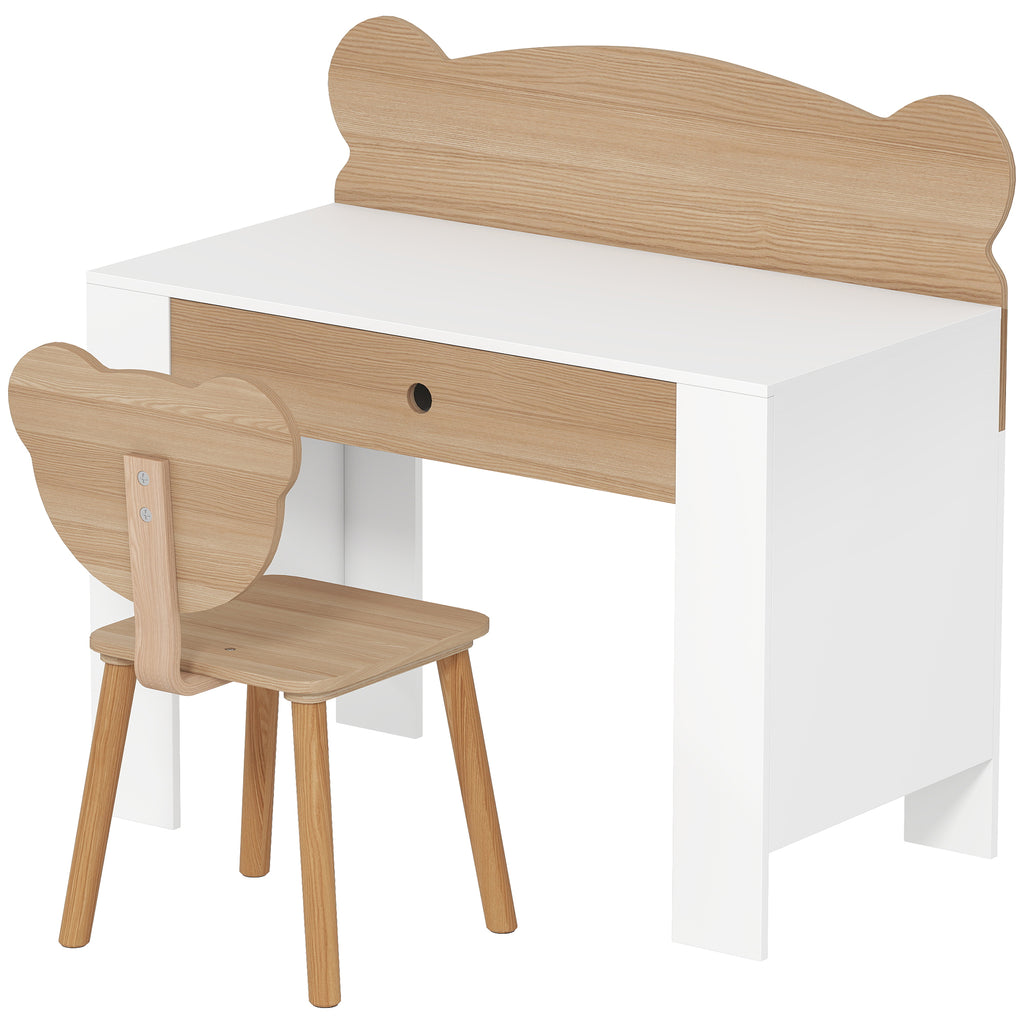 AIYAPLAY Secretária para Crianças com Cadeira em Forma de Ursinho, Branco e Madeira