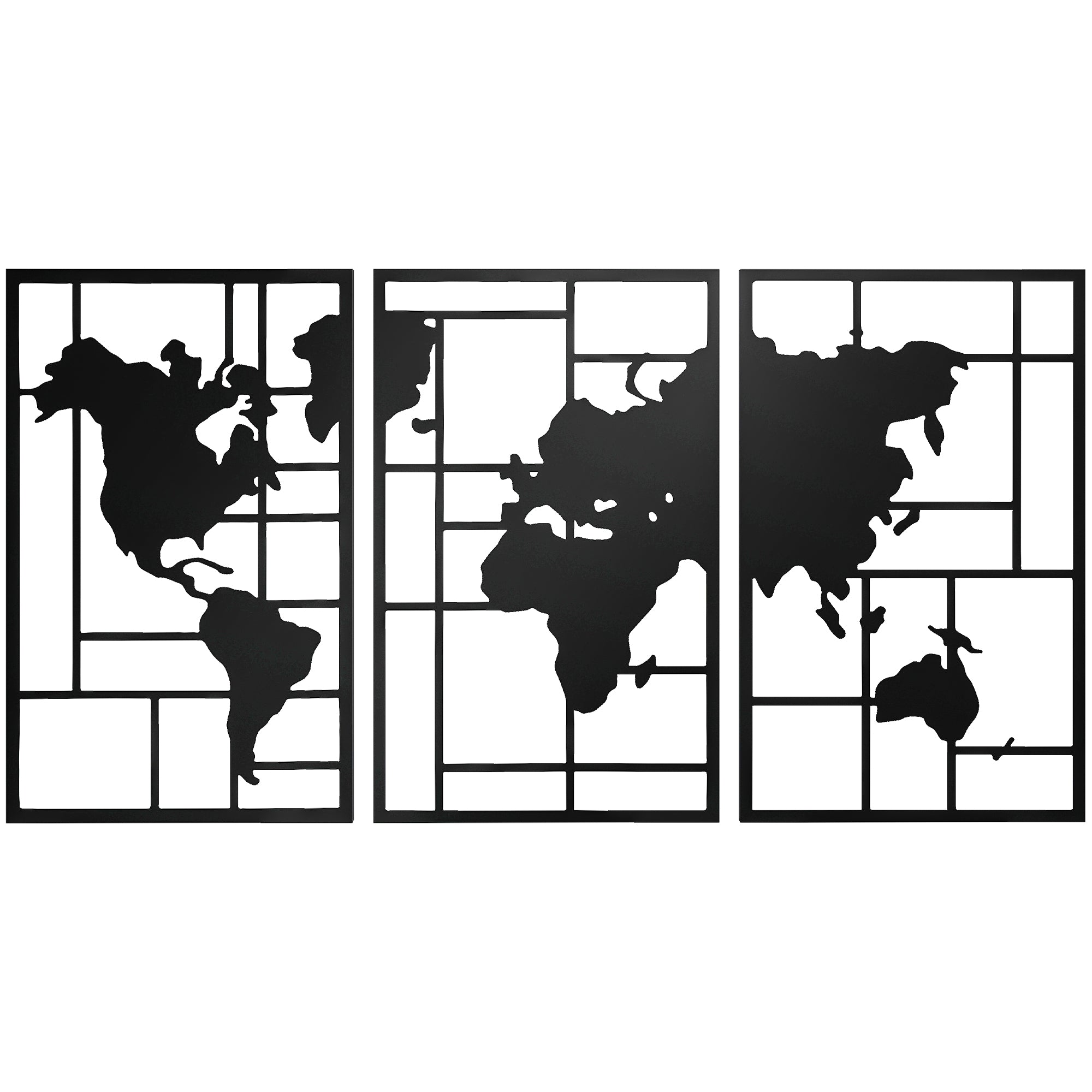 HOMCOM Mapa Múndi Metal Decoração de Parede 3 Peças Preto