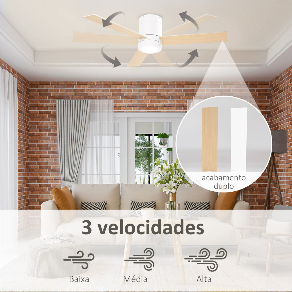 HOMCOM Ventoinha de Teto com Luz LED, 3 Velocidades, Ø112cm Branco