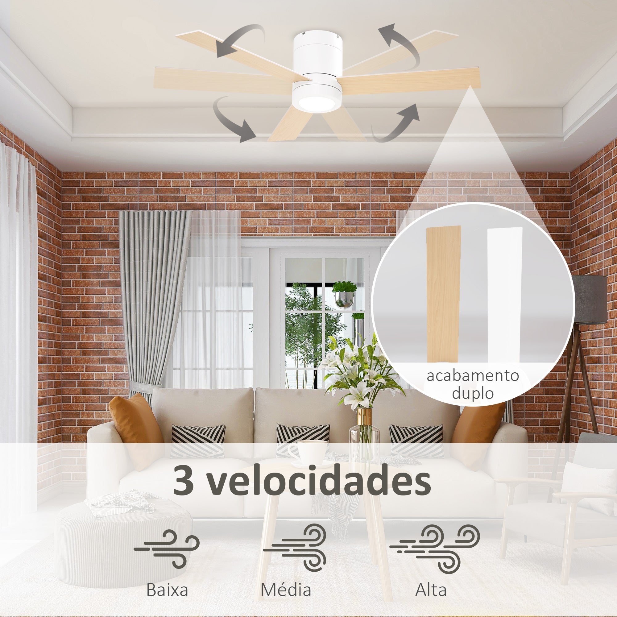HOMCOM Ventoinha de Teto com Luz LED, 3 Velocidades, Ø112cm Branco