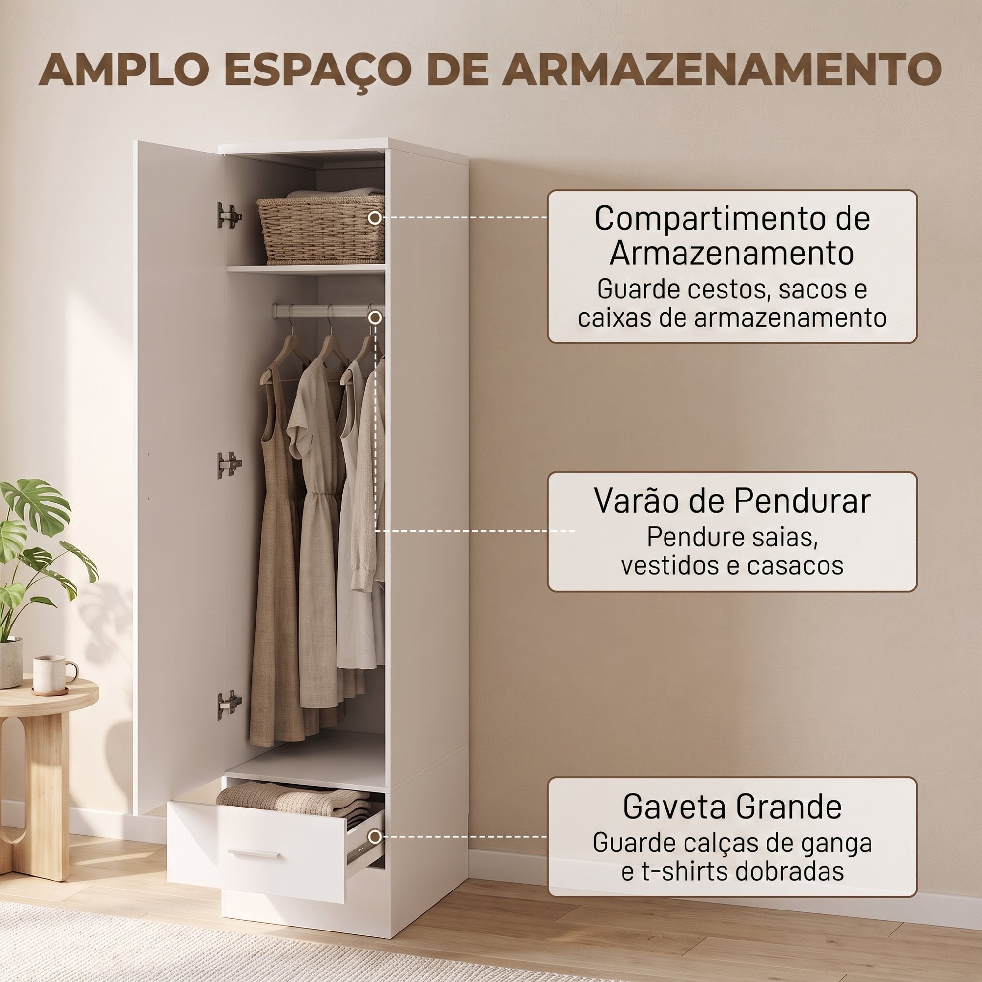 HOMCOM Roupeiro Moderno para Quarto com Barra de Pendurar e Gaveta