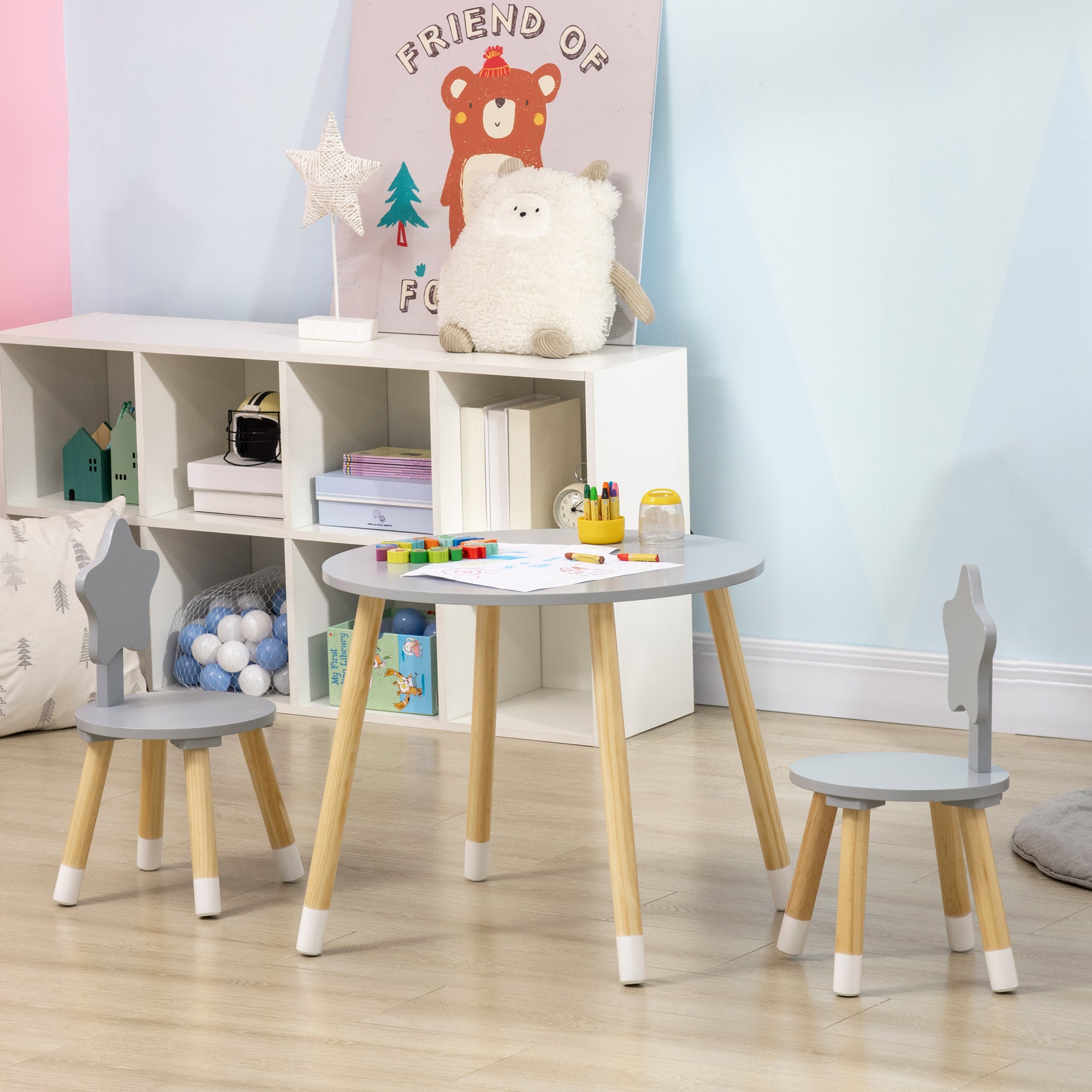 Conjunto de Mesa e 2 Cadeiras Infantis de Madeira Cinza