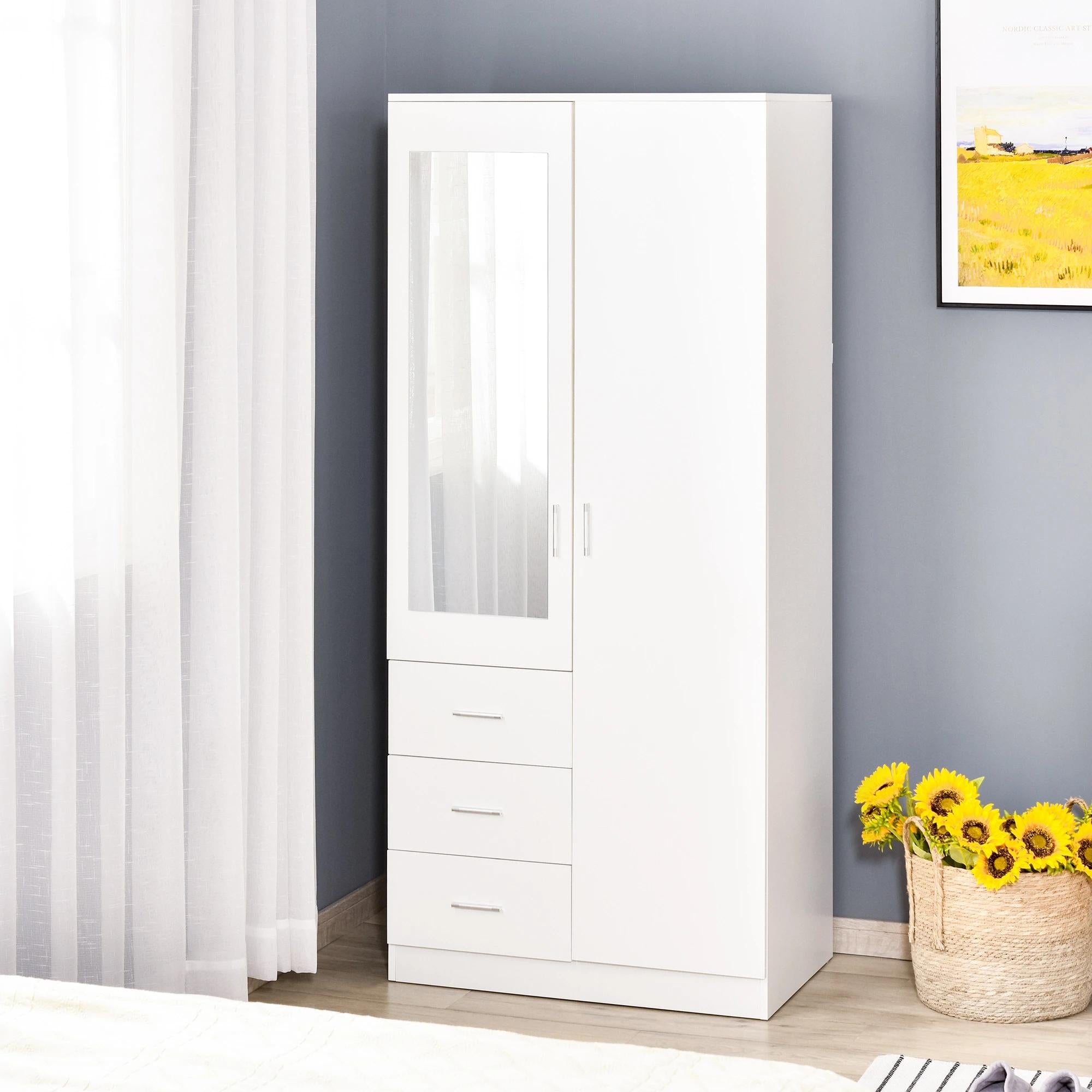 HOMCOM Roupeiro 2 Portas com Espelho, 3 Gavetas, 80x50x180cm, Branco