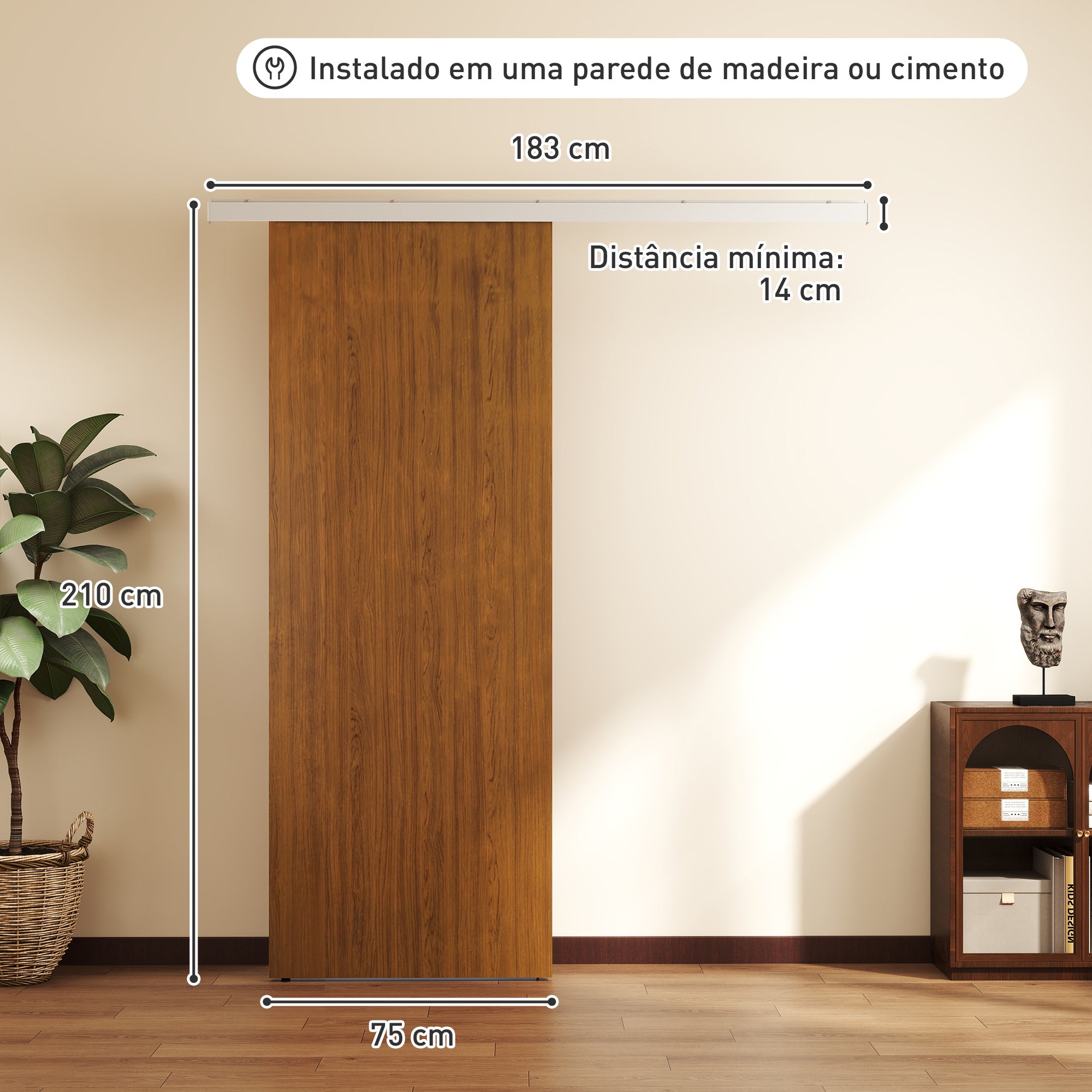 Porta de Correr HOMCOM 90x210 cm com Trilho e Ferragens, Castanho