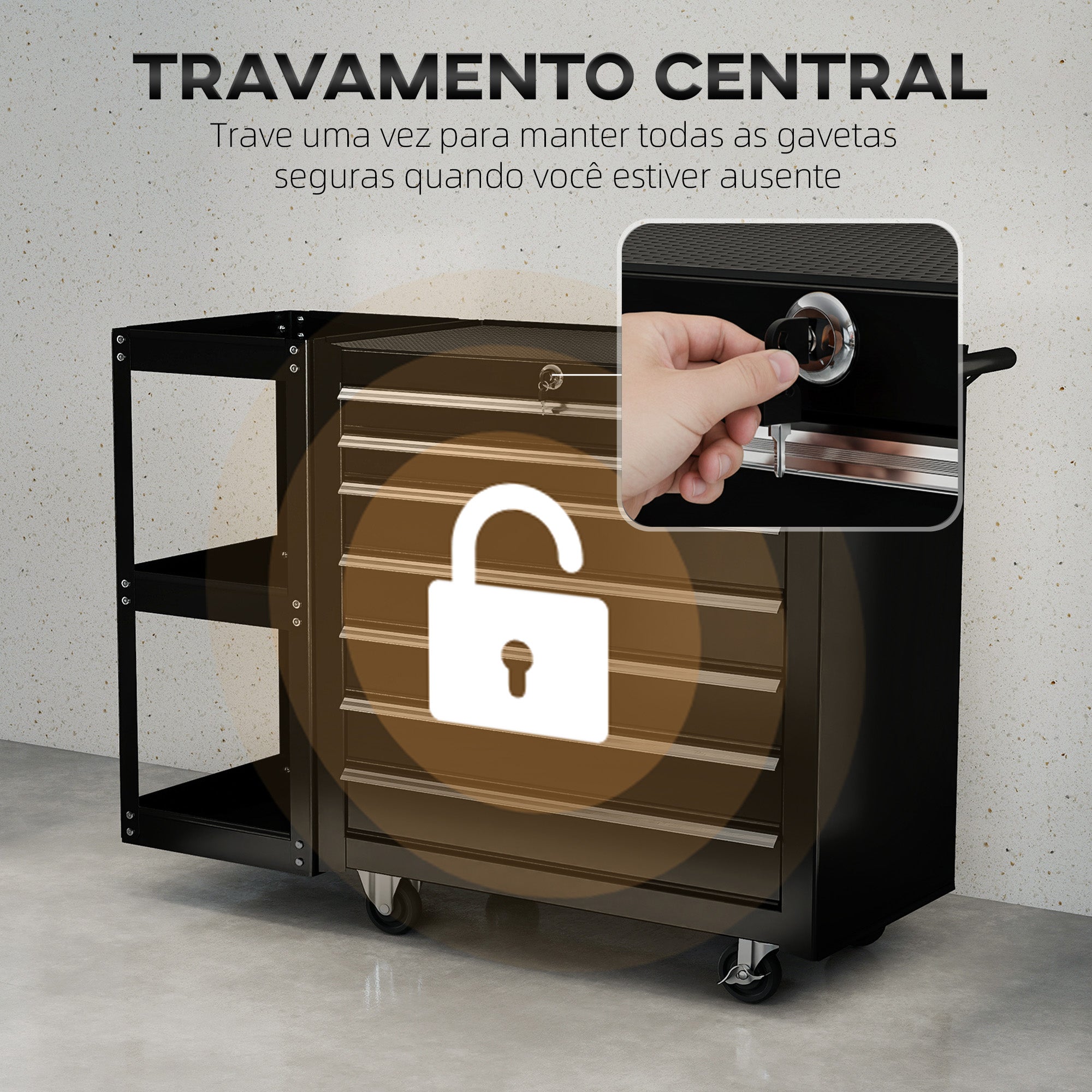 HOMCOM Carrinho de Ferramentas, 7 Gavetas, 3 Níveis, Preto