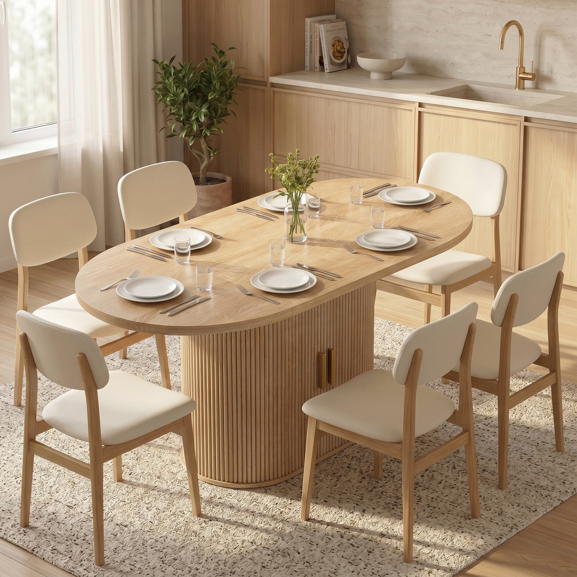 HOMCOM Mesa de Jantar Oval com Portas de Correr, Carvalho
