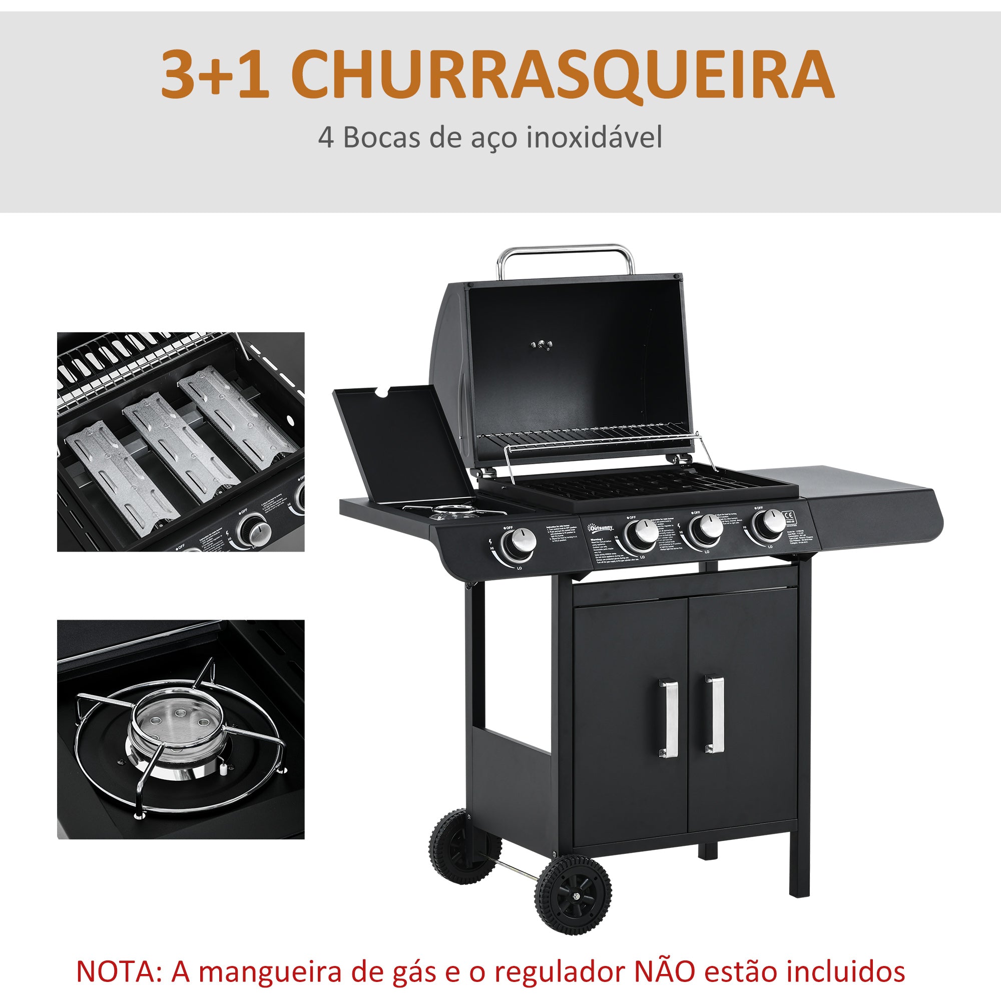 Churrasqueira a Gás Outsunny 3+1 Queimadores 11,6KW Com Armário