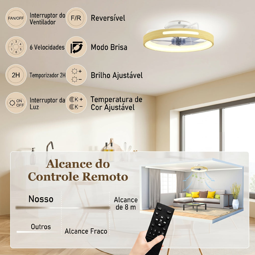 HOMCOM Ventilador de Teto LED 40W Motor DC 6 Velocidades Madeira Natural
