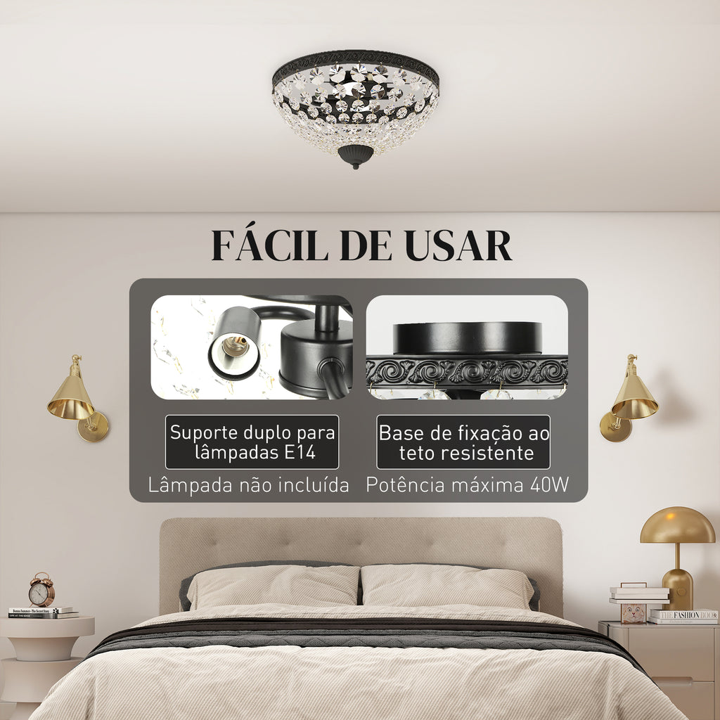 HOMCOM Candeeiro de Teto Cristal Vintage, Preto, Ø35x22 cm
